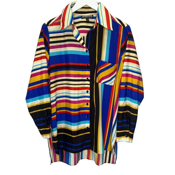 Vintage Mishca Striped Roll Tab Tunic Blouse Swim Cover Up Size L Bright 90s - Picture 2 of 9